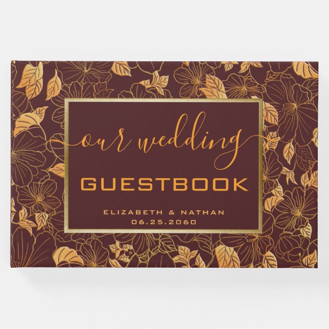 Visitas Dourado Livro de Convidados de Casamento Floral Bu (Frente)