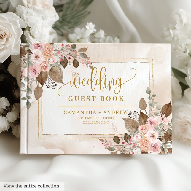 Visitas Dourado Livro de Convidados do Casamento Moderno I (Modern Ivory Beige Brown Gold Wedding Guest Book)