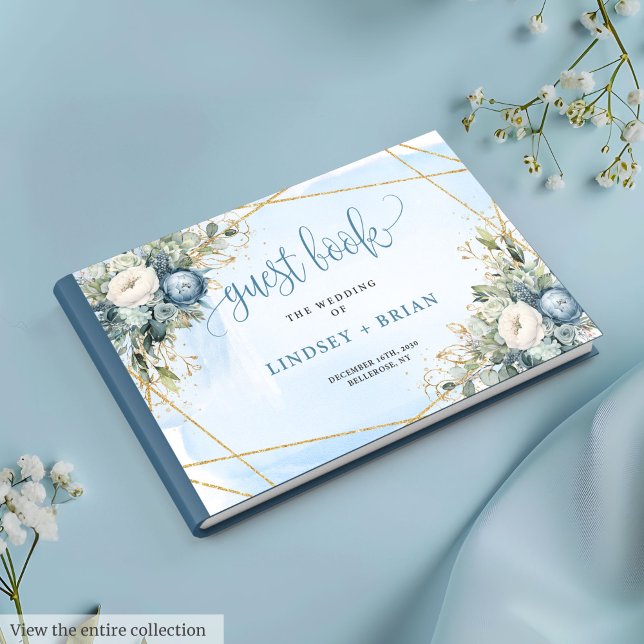 Visitas Dourado Livro de Convidados sobre Casamentos Azuis (Elegant Dusty Blue White Gold Floral Guest Book)