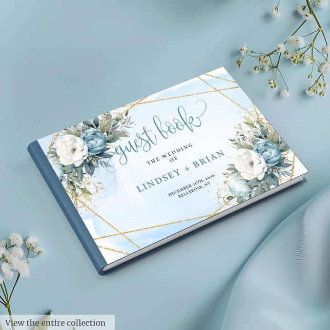 Visitas Dourado Livro de Convidados sobre Casamentos  de P (Formal Pastel Blue Peonies Gold Wedding Guest Book

)