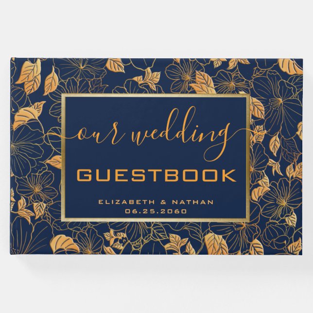 Visitas Dourado Marinho Floral Azul Livro de Convidados (Frente)