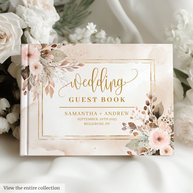 Visitas Elegante Ivory Beige Dourado Boho Livro de Convida (Elegant Ivory Beige Gold Boho Wedding Guest Book)