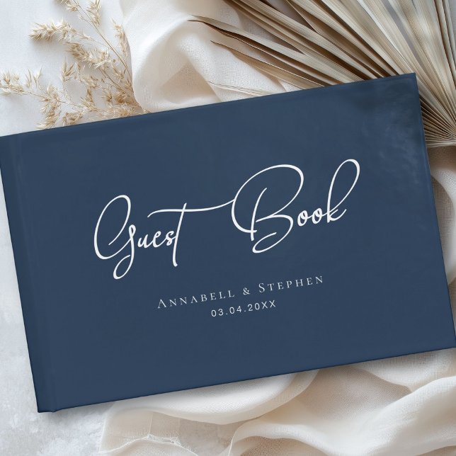 Visitas Elegante, Letra Script, Azul, Livro de Convidado C (Elegant, Script Font, Blue, Wedding Guest Book)