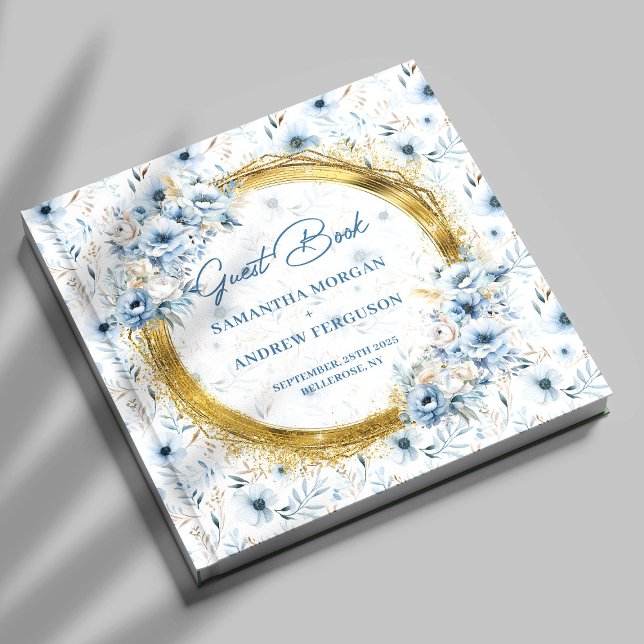 Visitas Elegante Livro de Registro de Casamento em Azul Po (Elegant Dusty Blue Gold Glitter Wedding Guest Book)