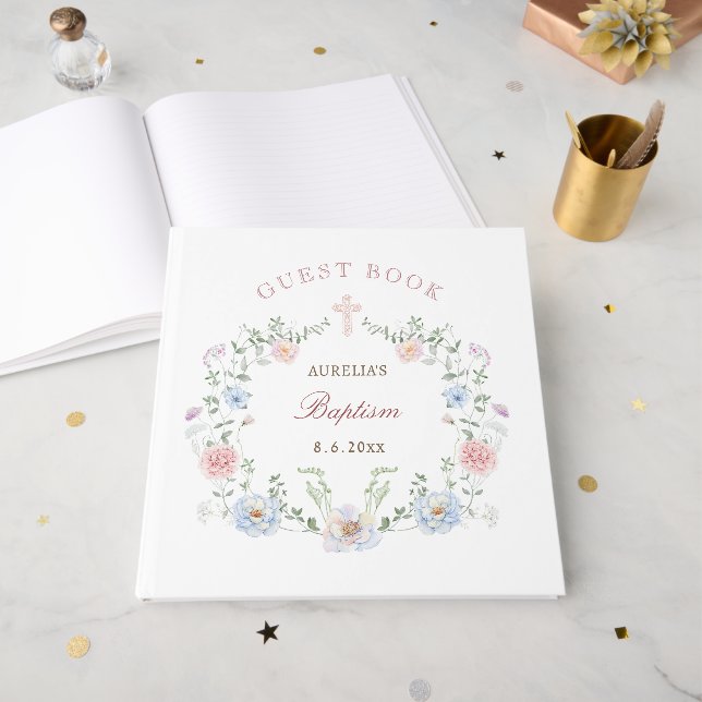 Visitas Floral Frame Baptism — Livro de Convidados (Frente aberta)