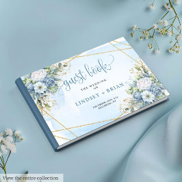 Visitas Glam Dusty Blue Dourado Flores Brancas Livro de Co