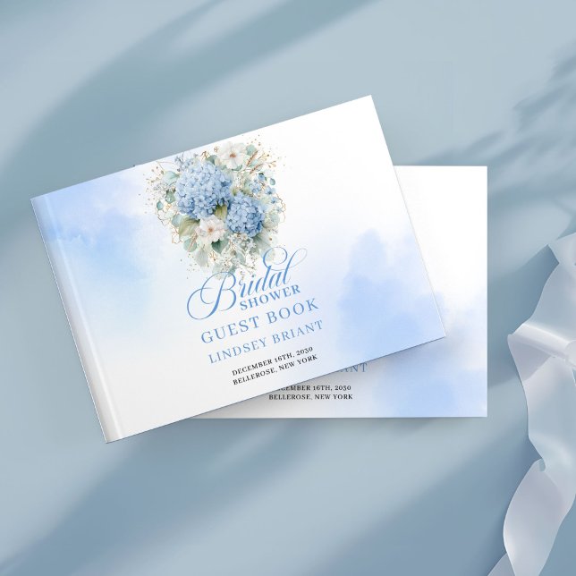 Visitas Hortênsia Azul Atemporal Dourada Livro de Chuvada  (Timeless Blue Hydrangea Gold Bridal Shower Book)