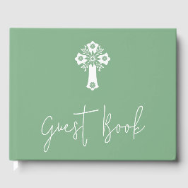 Visitas Livro de Convidado Floral Cross Christening Sage G