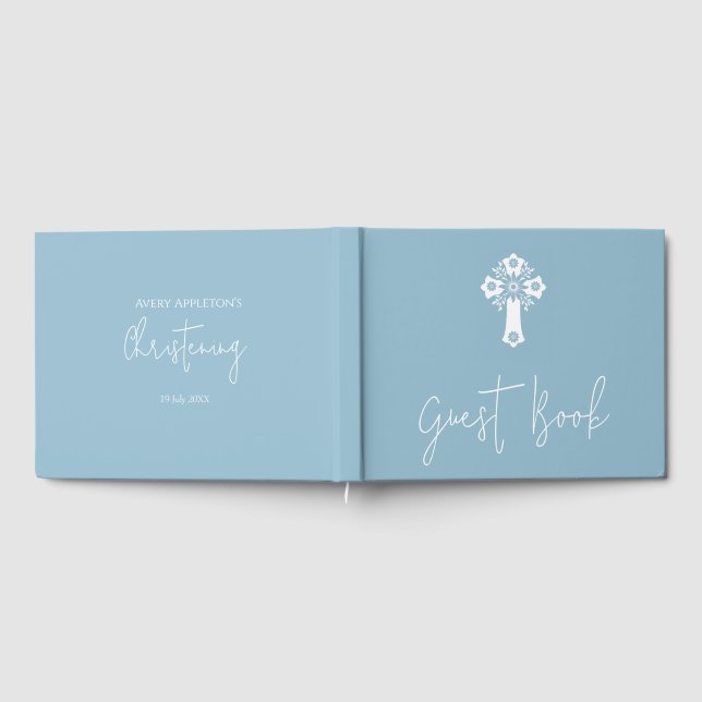 Visitas Livro de Convidado Floral Cross Christening Sky Bl (Completo)
