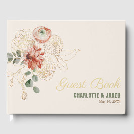 Visitas Livro de Convidado Floral de Dourado e Cor de Água