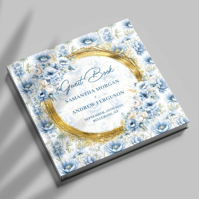 Visitas Livro de Convidados de Casamento Dourado Azul de L (Luxury Dusty Blue Gold Glitter Wedding Guest Book)