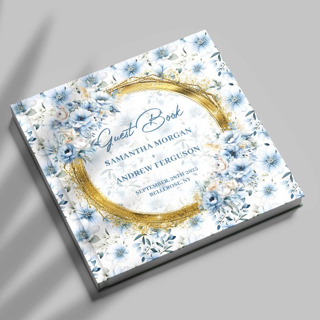 Visitas Livro de Convidados de Casamento Dourado com Lusas (Luxury Pastel Blue Gold Glitter Wedding Guest Book)
