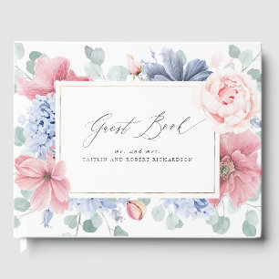 Visitas Livro de Convidados de Casamento Elegante Rosa Azu