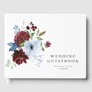 Visitas livro de convidados de casamento floral azul-burgu
