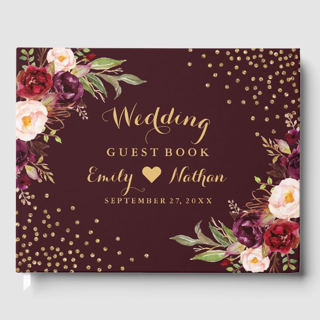 Visitas Livro de Convidados de Casamento Floral Dourado Bu (Frente)