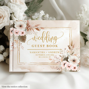 Visitas Livro de Convidados de Casamento Floral Dourado, C