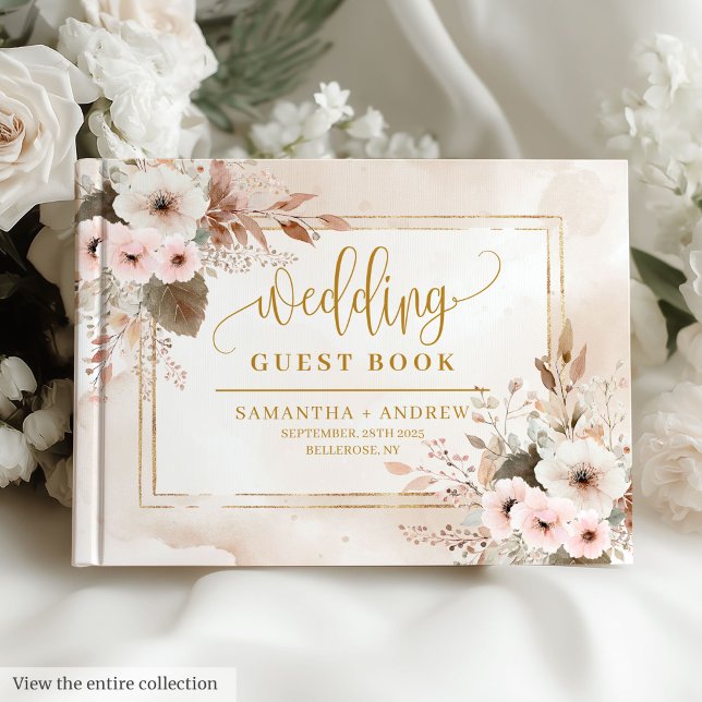 Visitas Livro de Convidados de Casamento Floral Dourado, C (Timeless Pale Pink Gold Floral Wedding Guest Book)