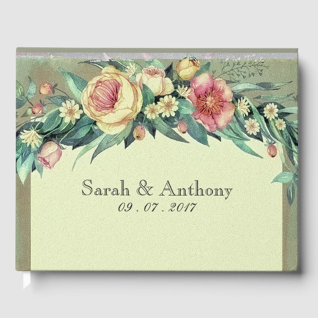 Visitas Livro de Convidados de Casamento Floral Verde e Ro (Frente)