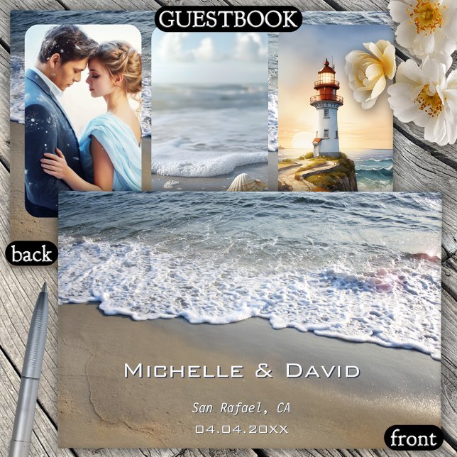 Visitas Livro de Convidados de Foto de Casamento em Praia  (A pretty wedding guest book featuring waves crashing on the beach with custom photos on the back)