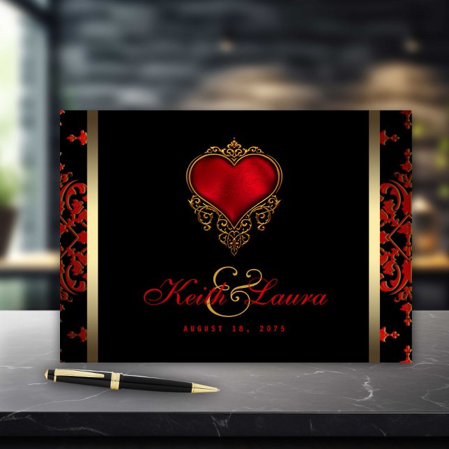 Visitas Livro de Convidados do Casamento Dourado Vermelho  (Elegant red black and gold wedding and event guestbook. )