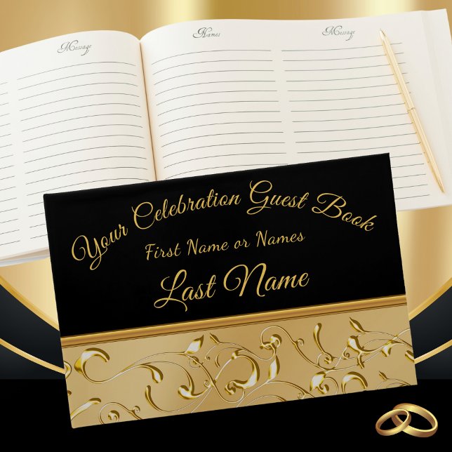 Visitas Livro de Convidados Dourado e negro, personalizá-l (50th wedding anniversary guest book. Black and Gold Guest Book. Golden Anniversary Guest Book.)