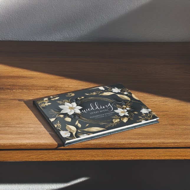 Visitas Livro de Convidados Dourado Floral Floral  Negro (Criador carregado)