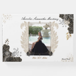 Visitas Livro de Convidados Floral Quinceañera Preto e Dou
