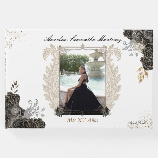 Visitas Livro de Convidados Floral Quinceañera Preto e Dou (Frente)