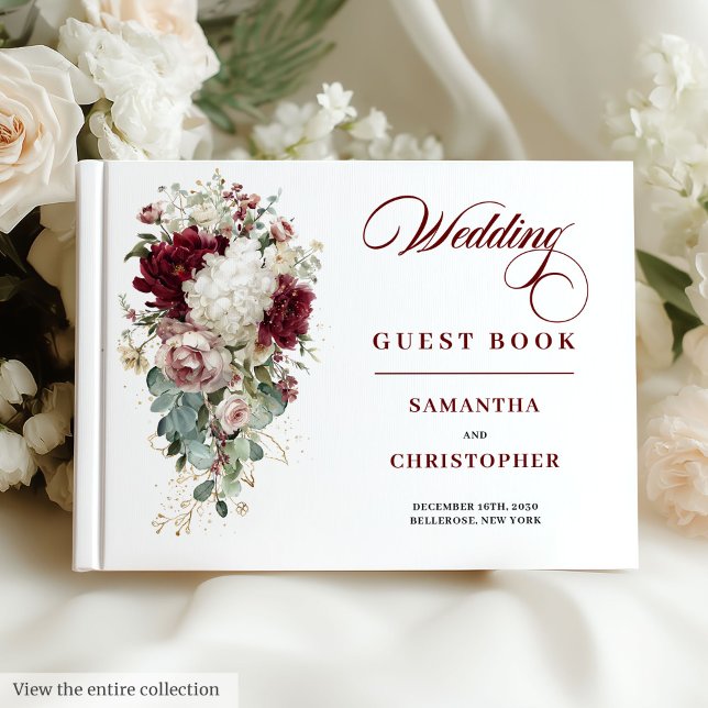 Visitas Livro de Convidados Romântico Boho Burgundy (Romantic Boho Burgundy White Wedding Guest Book)