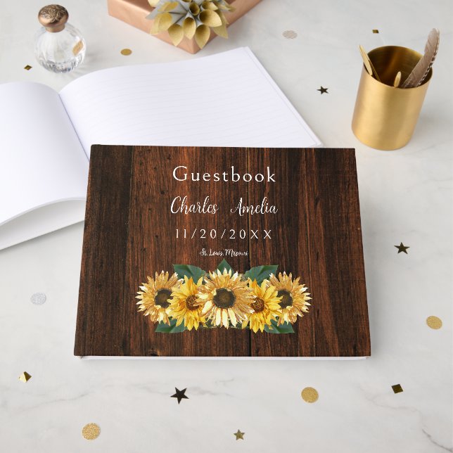 Visitas Livro de Convidados Rustic Sunflower (Frente aberta)