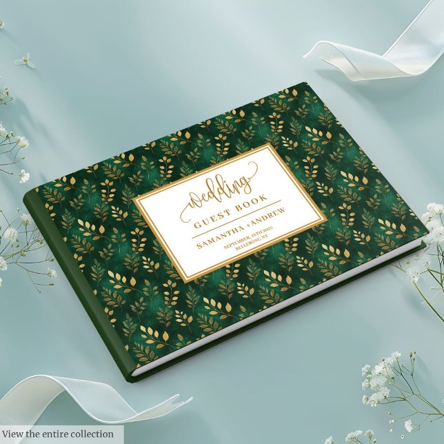 Visitas Livro De Convidados Sobre Casamento Dourado E Verd (Botanical Dark Green And Gold Wedding Guest Book)