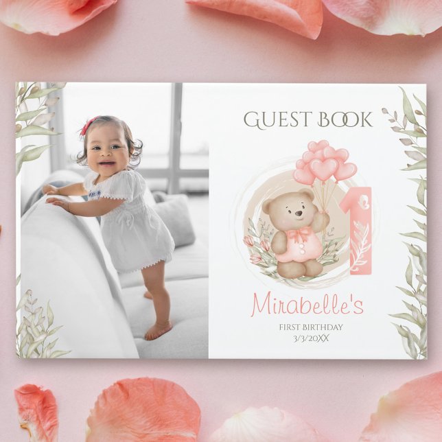 Visitas Livro de Convidados sobre primeiros aniversarios d (Cute Teddy Bear 1st Birthday Photo Guest Book)