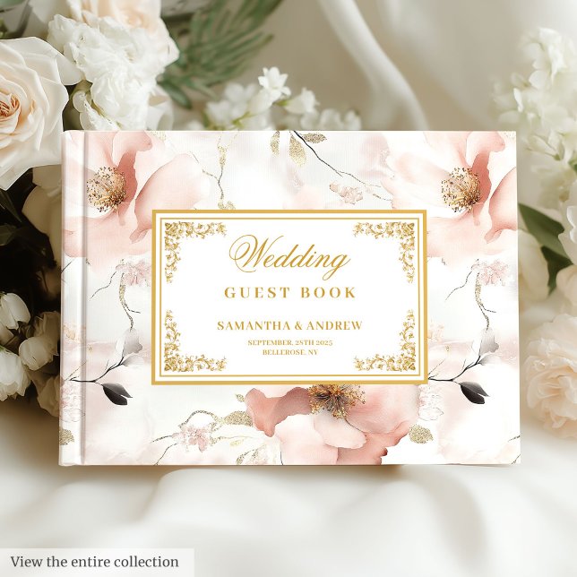 Visitas Livro de hóspedes clássico, cor-de-rosa, de ouro f (Classic dusty pink gold floral wedding guest book)