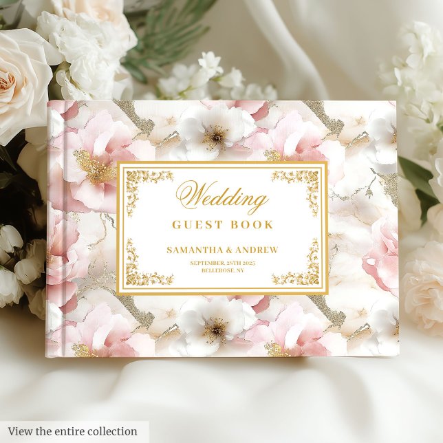 Visitas livro de hóspedes, cor-de-rosa, de na moda (Stylish aerial dusty pink gold wedding guest book)