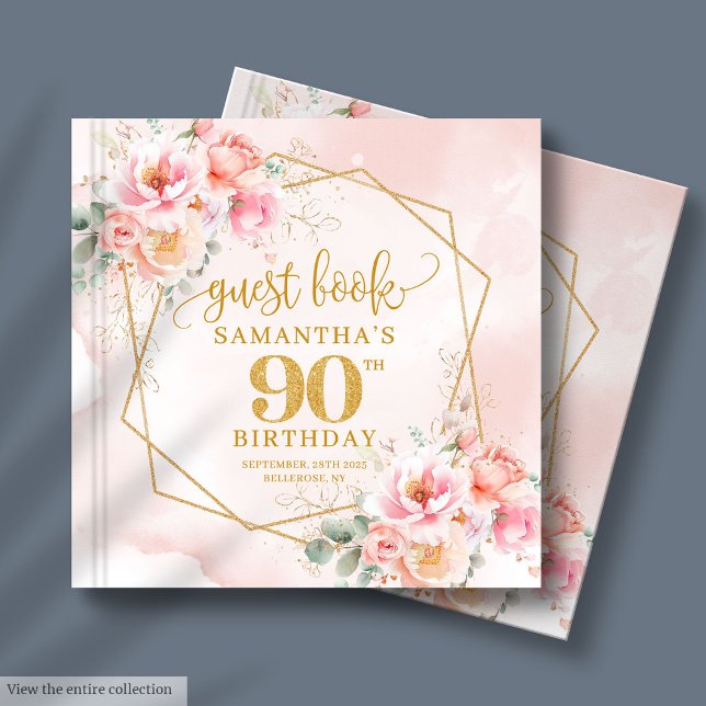 Visitas Livro de hóspedes de 90 aniversários com cor-de-ro (Boho blush pink gold floral 90th birthday guest book

)