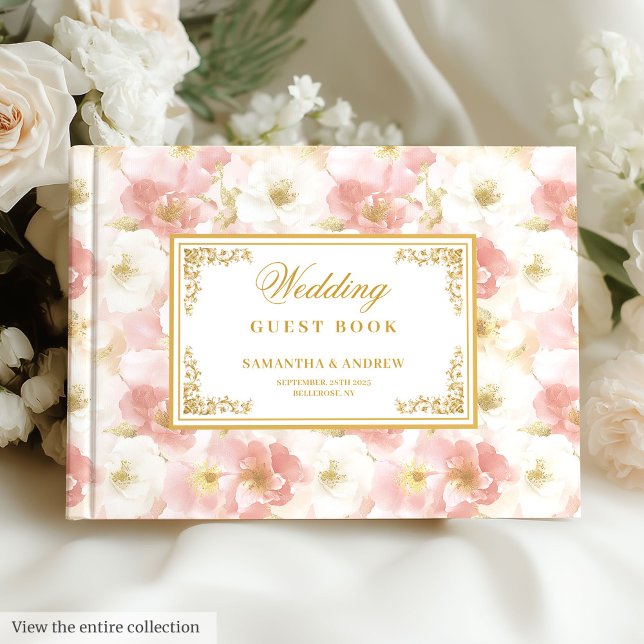 Visitas Livro de hóspedes de ouro com cor d'água elegante (Elegant watercolor blush gold wedding guest book)