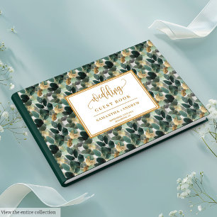 Visitas Livro de hóspedes de ouro verde profundo com botân