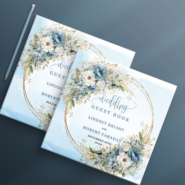 Visitas Livro de Registro Boho Flores Azuis Vegetação Dour (Boho Blue Flowers Greenery Gold Guest Book)