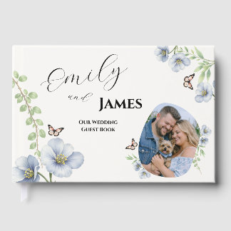 Visitas Livro de Registro de Casamento com Floral Azul e F