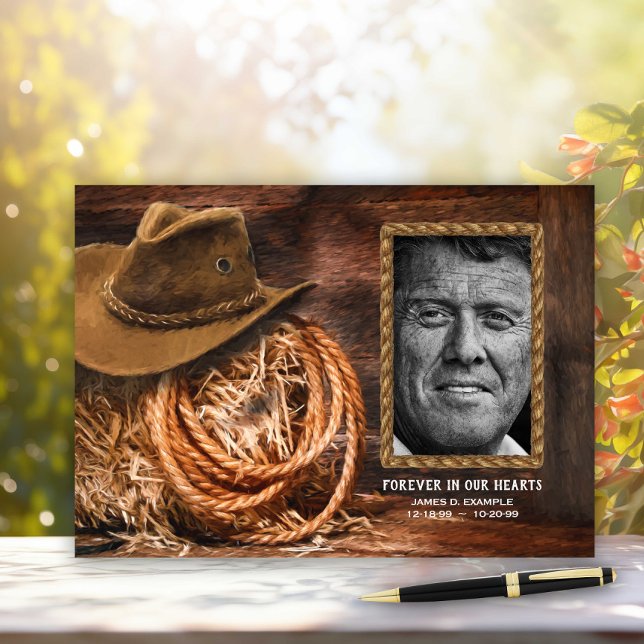 Visitas Livro de Registro de Funeral e Memória com Chapéu  (Rustic cowboy memorial service and funeral guest book.)