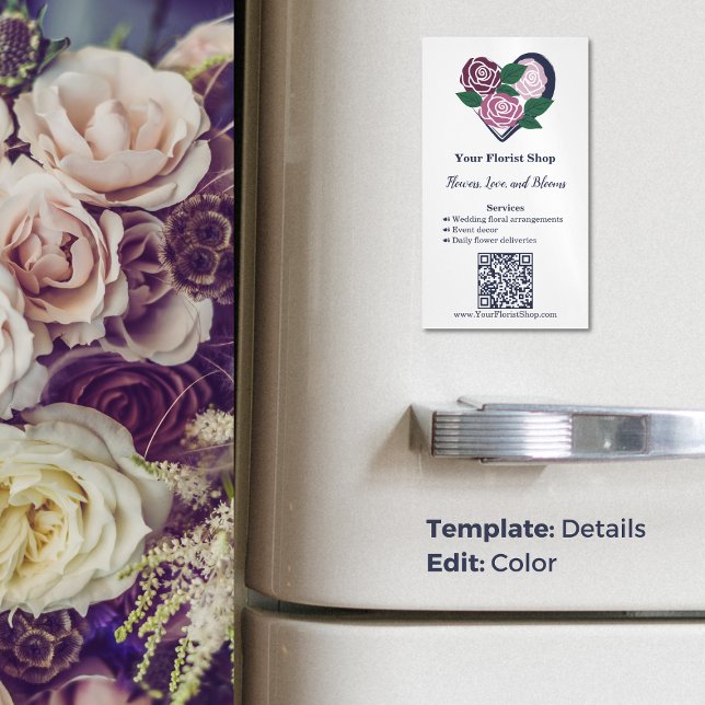 Visitas Magnético 🌷 Roxo Blooms Florist Cartão de visita Magnet (🌷Purple Heart Blooms Florist Business Card Magnet, Florist Shop, Tagline, Services, QR code, www)