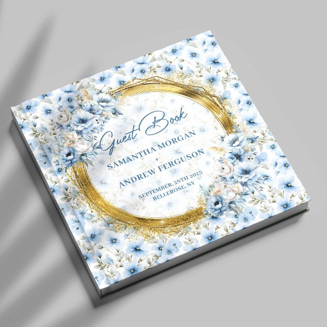 Visitas Na moda Light Blue Glitter Dourado Livro de Convid (Stylish Light Blue Gold Glitter Wedding Guest Book)