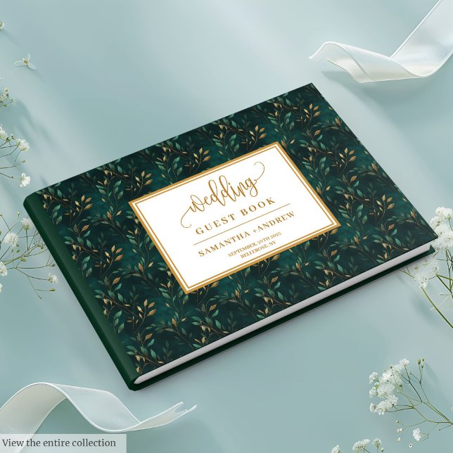 Visitas O ouro verde-merald deixa livro de convidados de c (Emerald green gold leaves wedding guest book for love

)