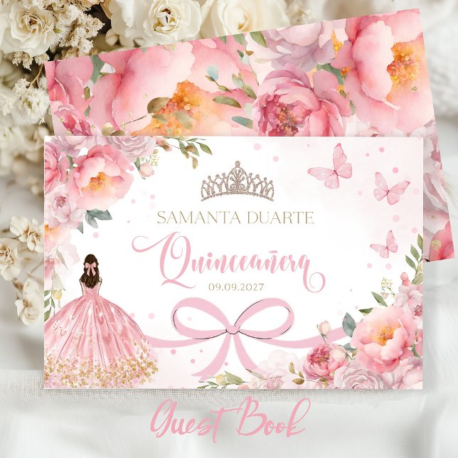 Visitas Quinceañera Blush Dourado Livro de Convidados Rosa (Blush pink quinceañera guest book with gold accents for sweet 15 celebration.)