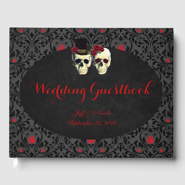 Visitas Red Bride Groom Skulls Casando Livro de Convidados (Frente)