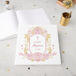 Visitas Rosas de Aquarela Crest Baptism Livro de Convidado