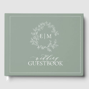 Visitas Sage Green Leafy Crest Monogramas Livro de Convida