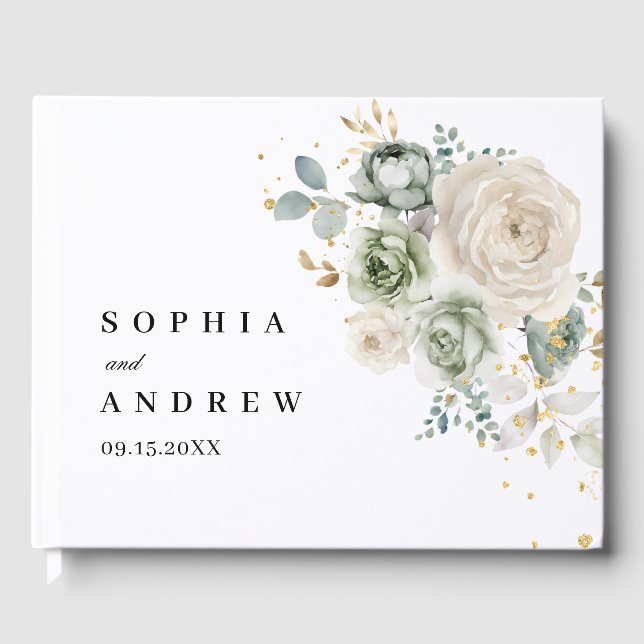 Visitas Sage Green & White Flowers Livro de Convidados (Frente)