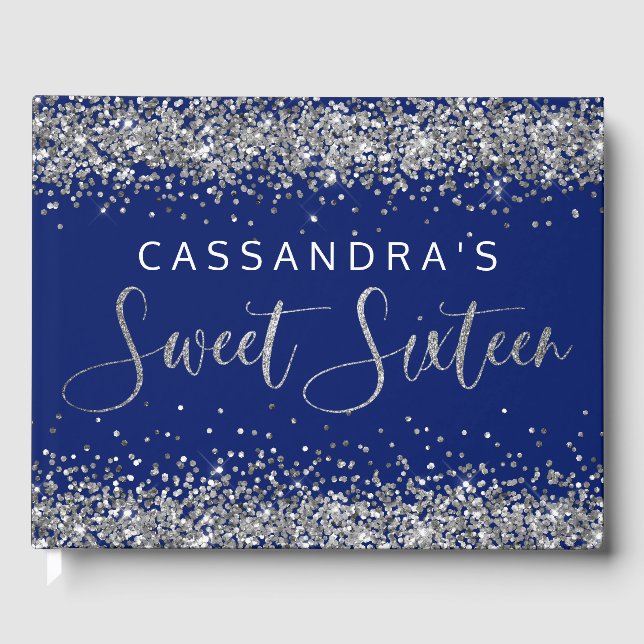Visitas Silver Blue Faux Glitter Doce Dezesseis Livro de C (Frente)