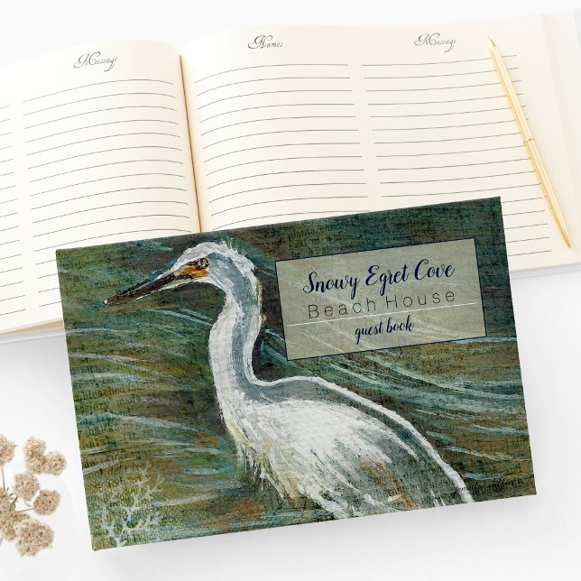 Visitas Snowy Egret Shorebird Beach House Livro de Convida (Gorgeous Egret Shorebird Wading Water Guest Book from Jenn's Emporium. )